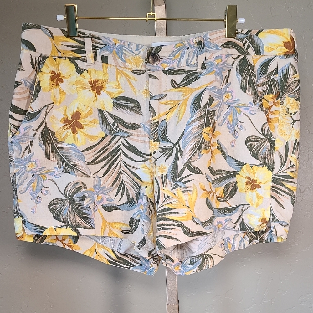 Old Navy Yellow Blue Cream Linen  Shorts Mid-rise Botanical Floral Pattern 12